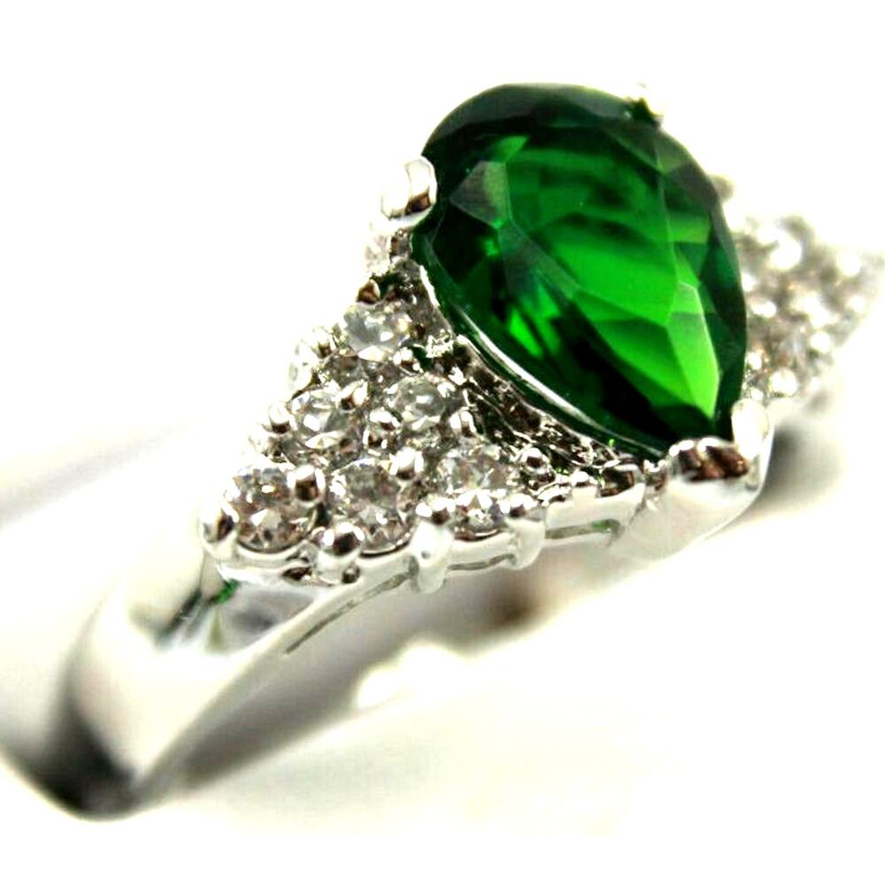 Bright Faux Emerald Teardrop CZ Ring & Clear Rhinestones • Marked Candi • Size 8